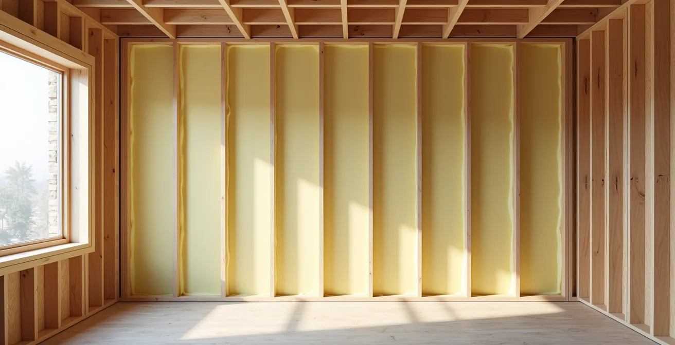 Wide angle view of mineral wool acoustic batts properly fitted between wall studs