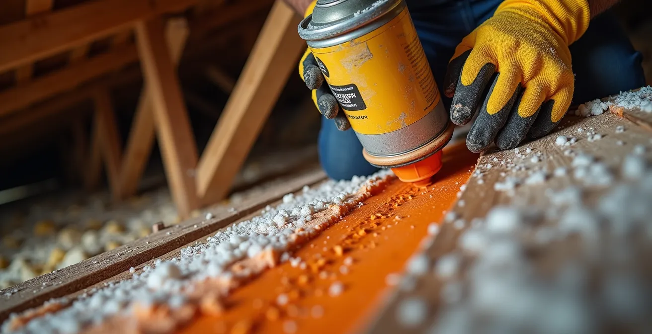 Thermal imaging view showing air leakage points in attic before sealing