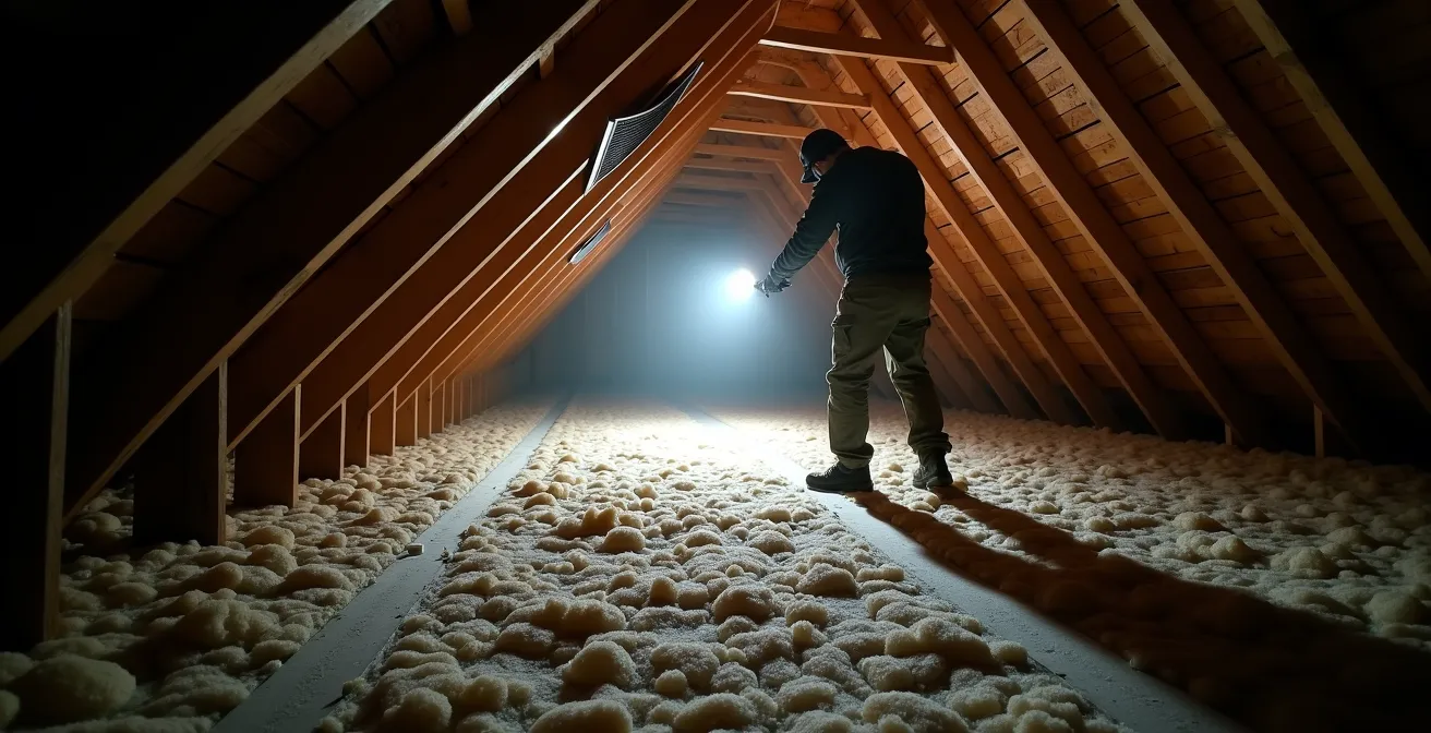 Professional inspector examining newly installed attic insulation with flashlight in Canadian home