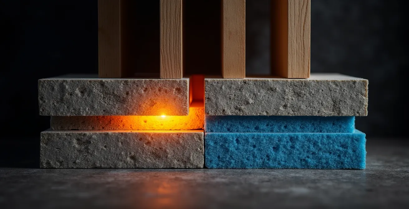 Cross-section diagram of stone wool fire blocks in balloon-frame construction