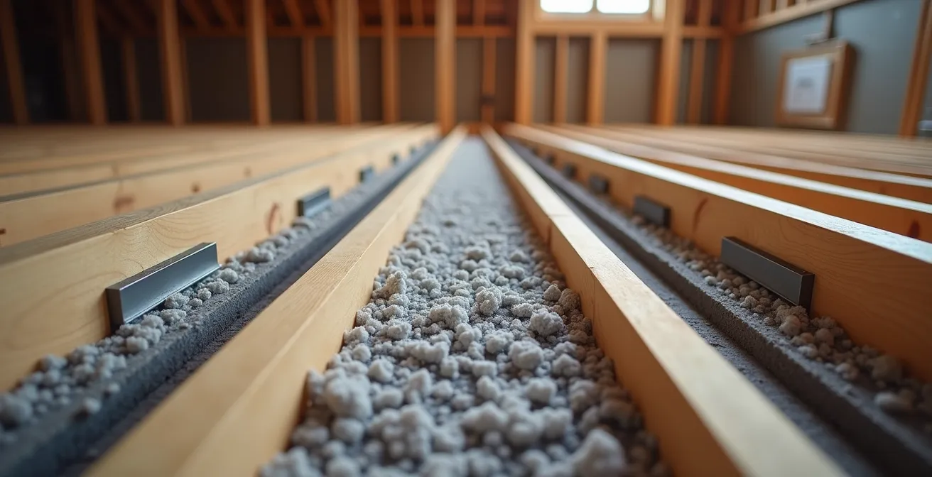 Cross-section view of basement ceiling with mineral wool batts installed between floor joists for sound control
