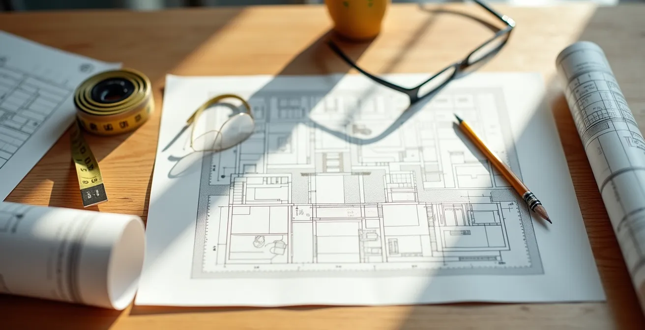 Wide angle view of a construction planning table with rolled blueprints and measuring tools, symbolizing permit preparation.