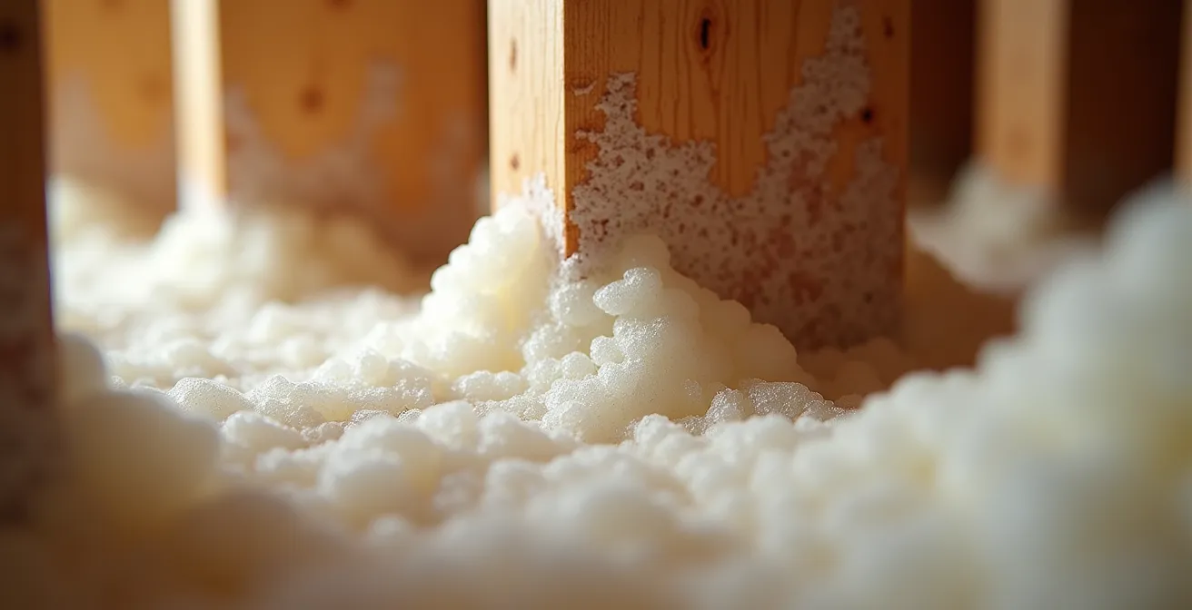 Macro shot of expanding spray foam sealing air gaps in Canadian home construction