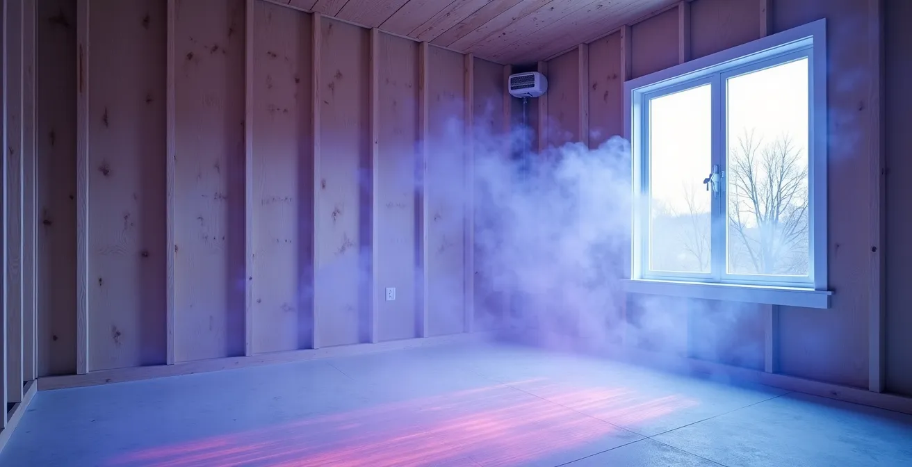 Thermal imaging visualization showing air leakage patterns in a Canadian home during winter blower door test with concentrated leaks at foundation and attic