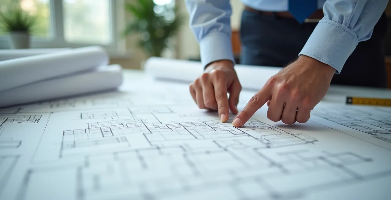 Building official examining detailed construction drawings at modern office workspace
