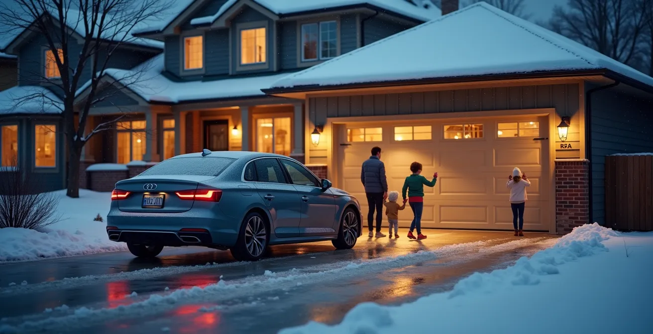 Canadian suburban home at twilight with smart garage system visible, showing integration with home security
