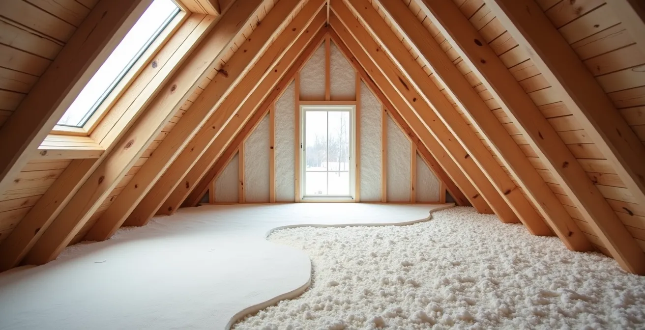 Detailed cross-section of high-performance cathedral ceiling insulation assembly showing multiple layers