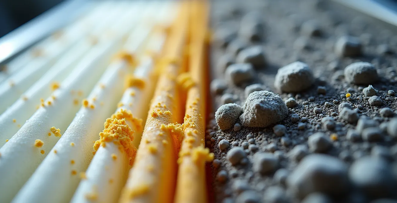 Macro comparison of clean versus clogged HRV filter showing dust and debris accumulation