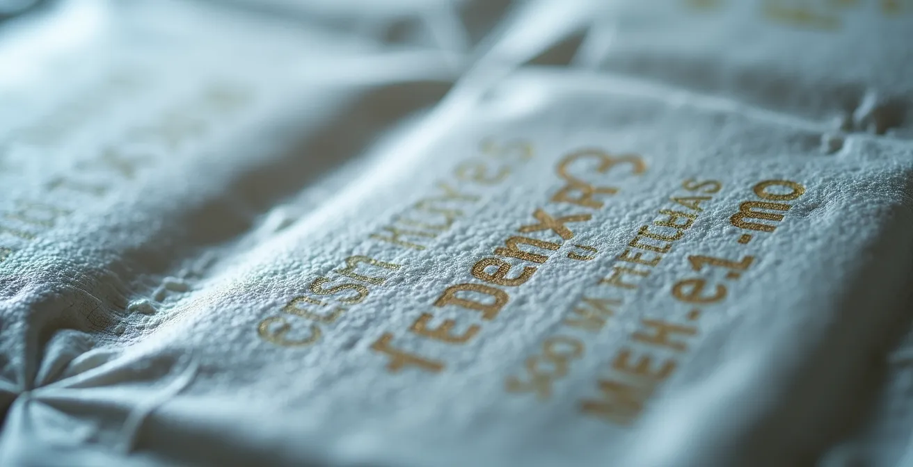 Macro shot of insulation packaging surface showing embossed certification area with blurred markings