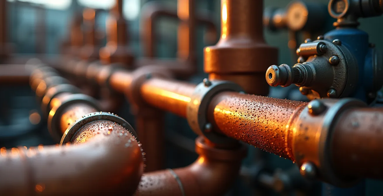 Macro view of industrial compressor heat exchanger system with copper pipes and thermal gradient visualization