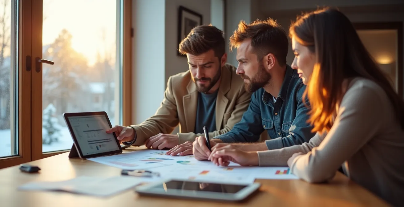 A contractor discussing renovation plans with homeowners in a Canadian home during winter.