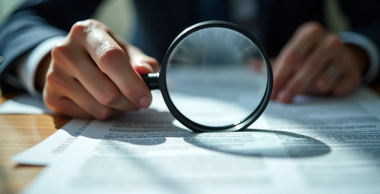 Close-up view of contract documents being examined with magnifying glass highlighting important clauses