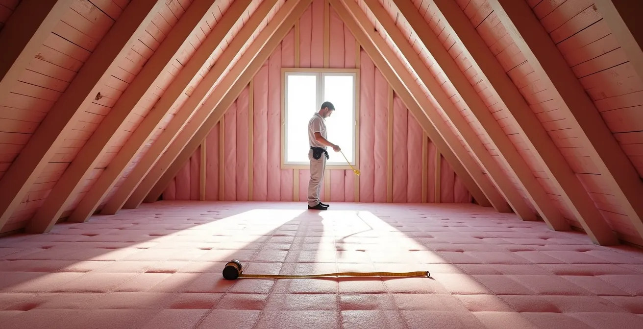 Professional contractor documenting insulation depth measurement in Canadian home attic with proper photography angles