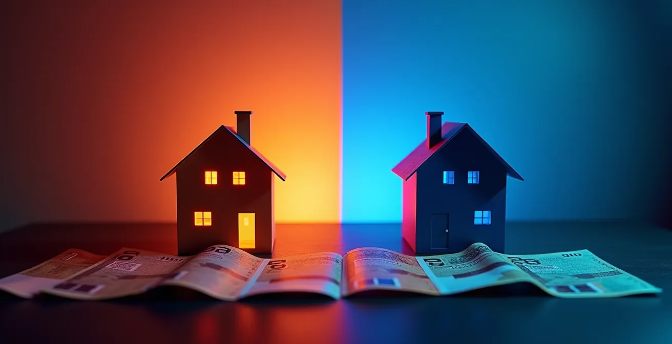 Side-by-side comparison showing energy savings visualization with thermal imaging colors