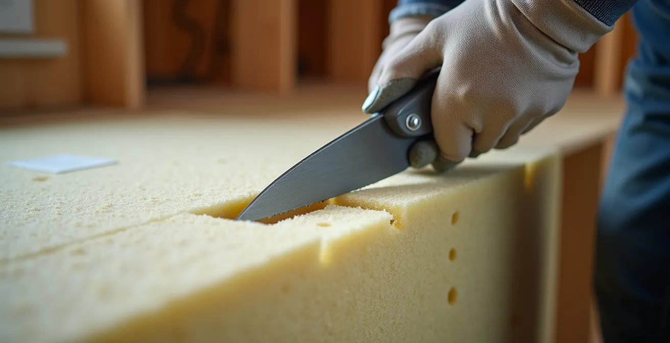 Close-up of hands using a serrated knife to cut mineral wool insulation around an electrical outlet