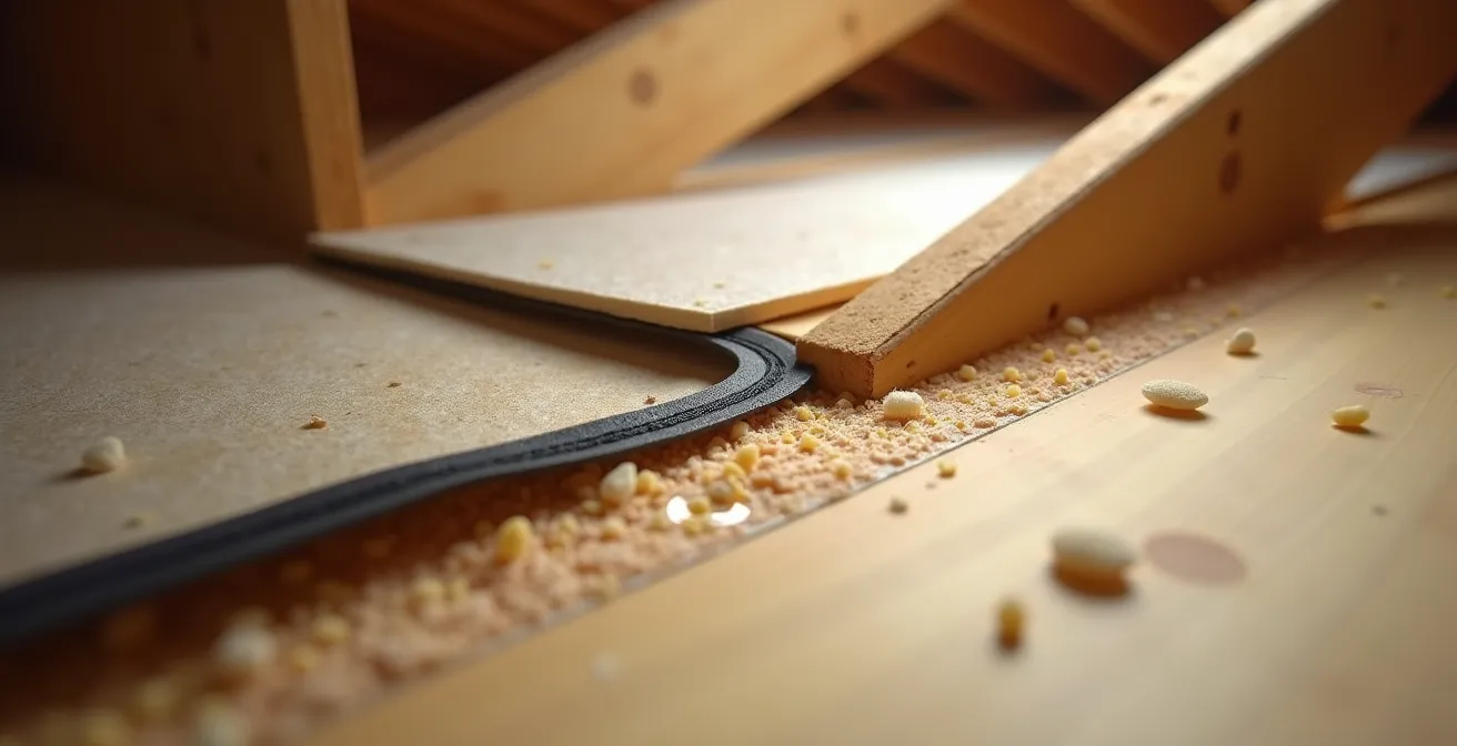 Extreme close-up of weatherstripping and foam board installation on attic hatch