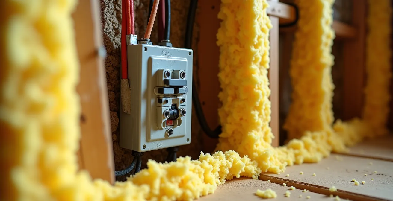 Close-up of electrical boxes protected with cardboard barriers before spray foam application