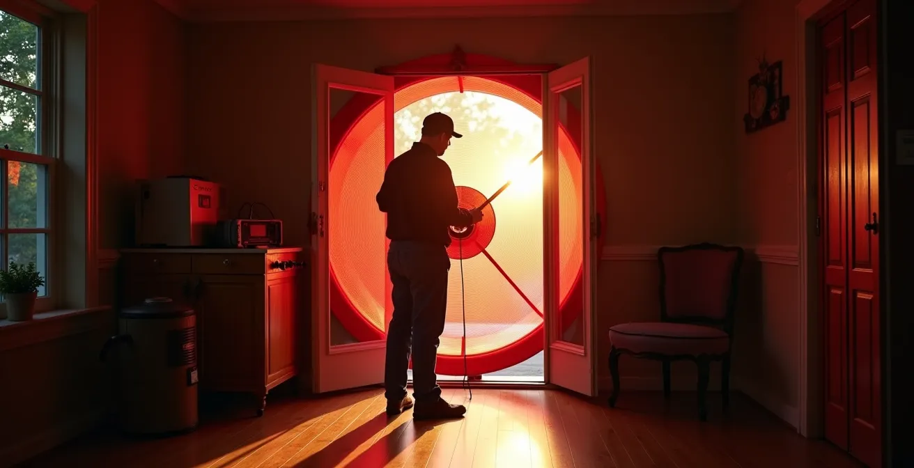 Energy advisor conducting blower door test in Canadian home