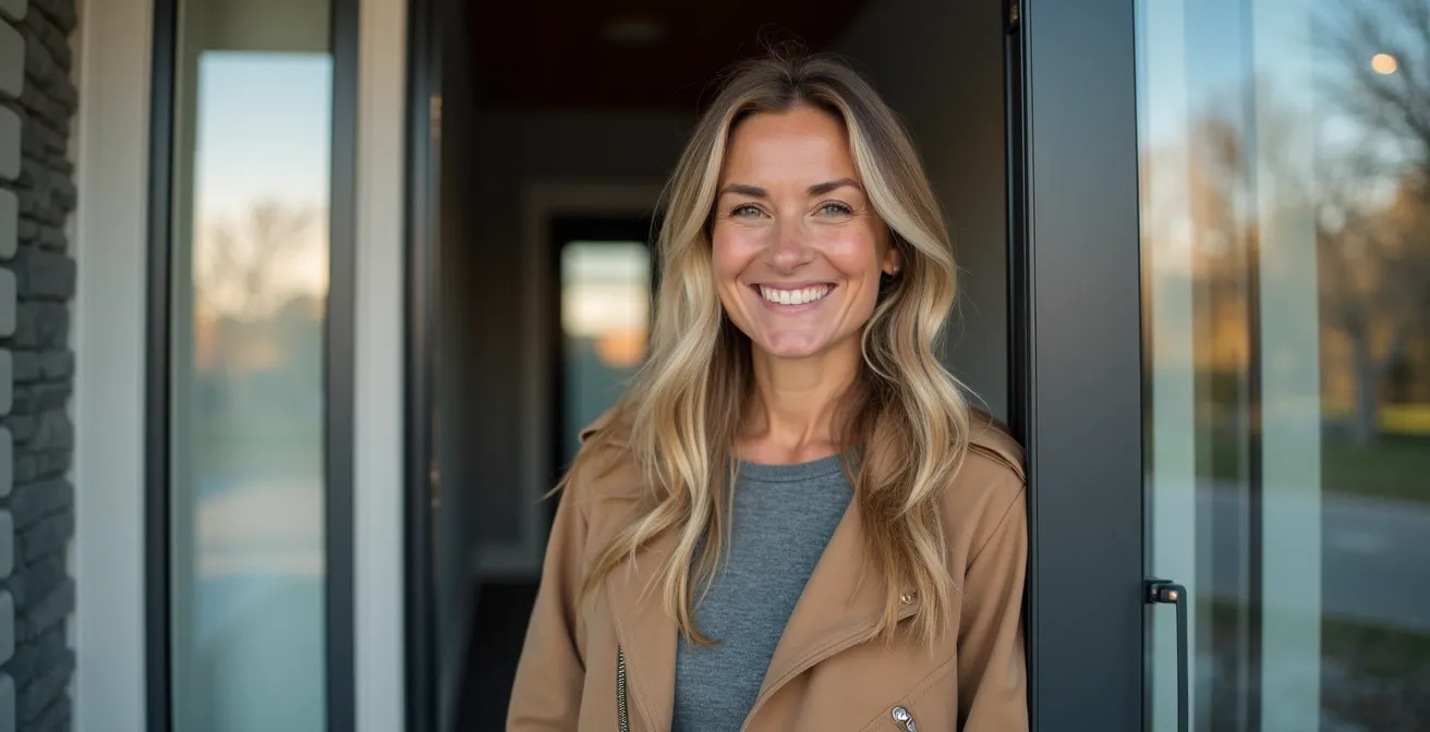 A proud Canadian homeowner at the entrance of their modern, energy-efficient home.