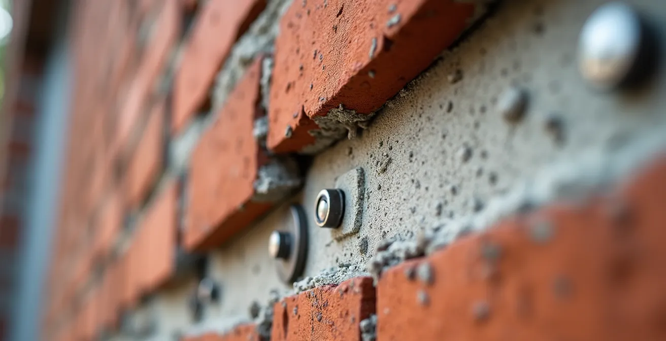 Macro detail shot of continuous exterior insulation panels being installed over the heritage brick of an old building for an EnerPHit retrofit.