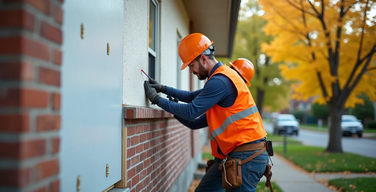 Construction workers installing rigid foam insulation on exterior walls of bungalow