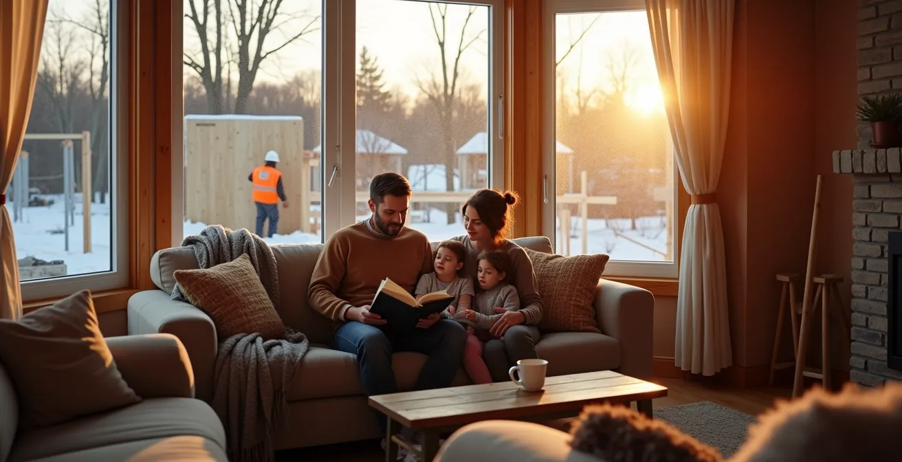 Family relaxing indoors while exterior panel installation happens outside their Canadian home
