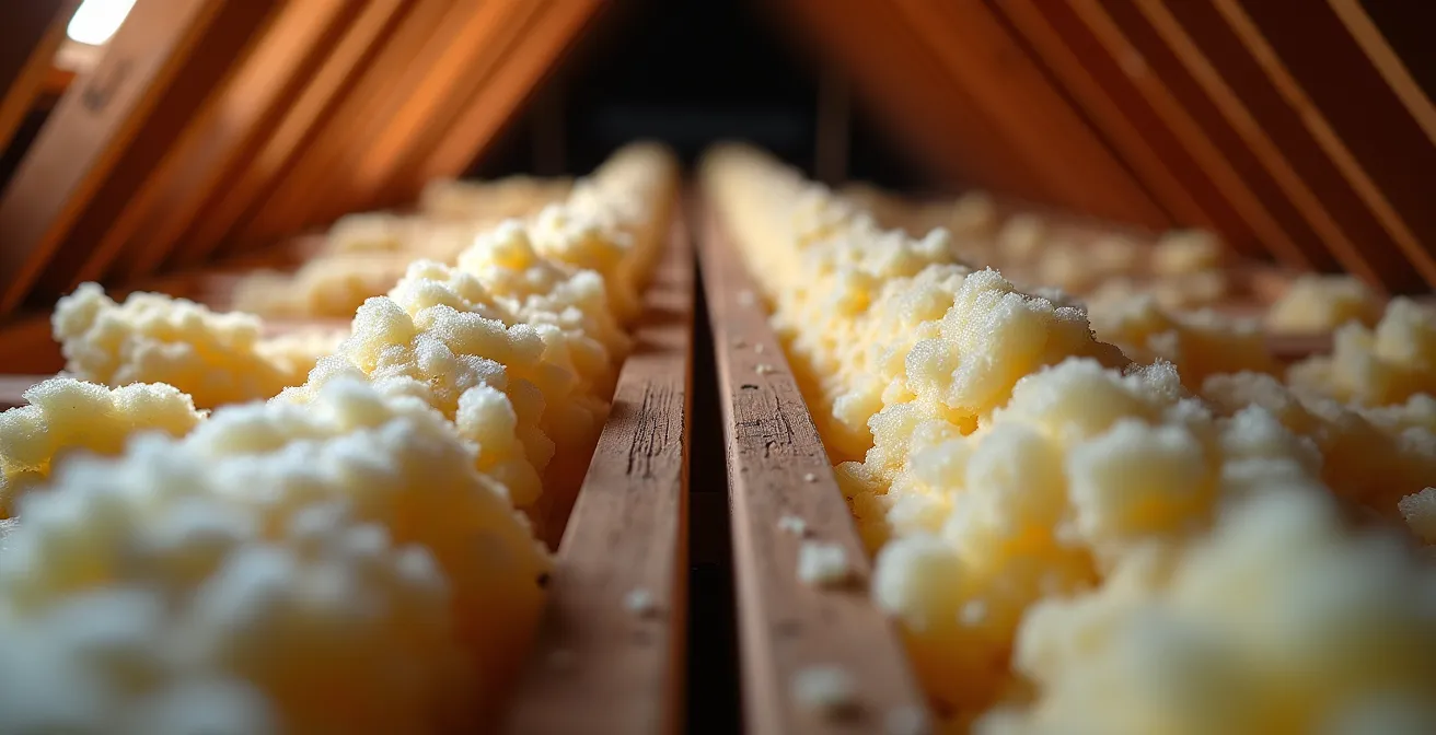 Extreme close-up showing settled fiberglass insulation with visible gaps and compression