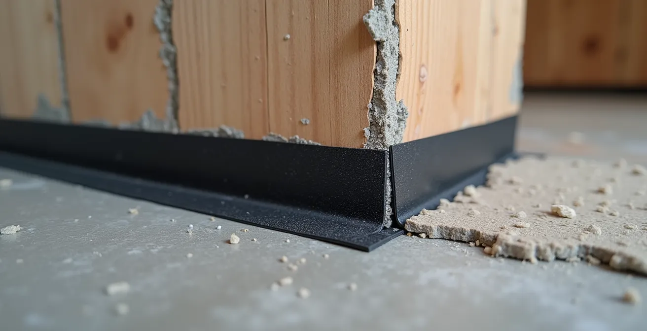 Macro view of black acoustic sealant bead at drywall base showing flexibility