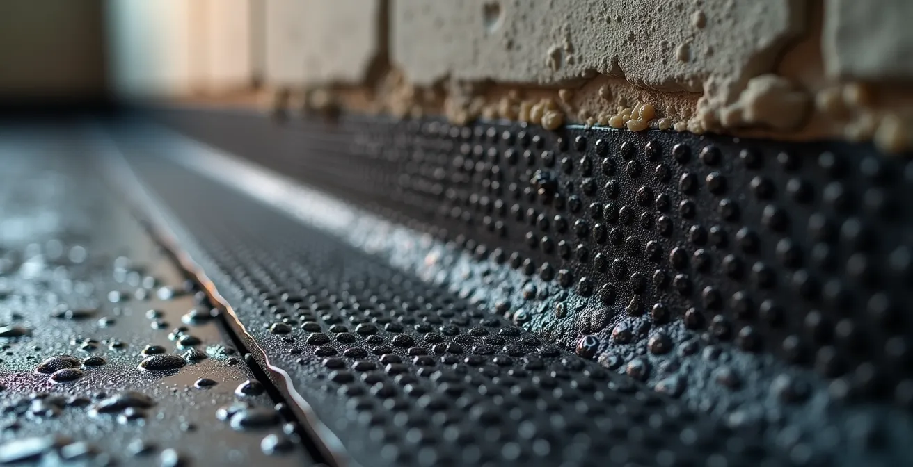 Professional installing waterproof membrane and insulation on concrete foundation wall