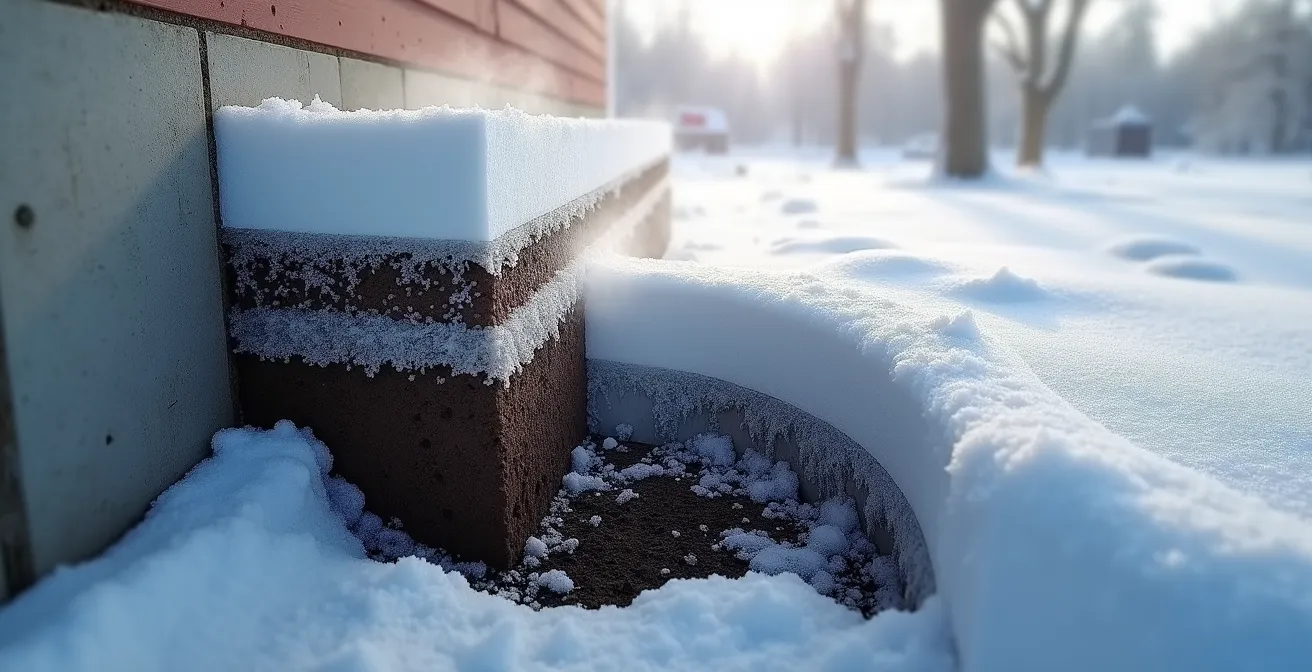 Side view of foundation wall showing exterior insulation extending below frost line in winter conditions