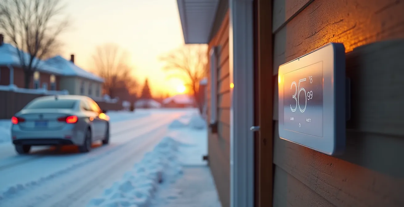 Aerial view of Canadian cottage country with smart home geofencing visualization