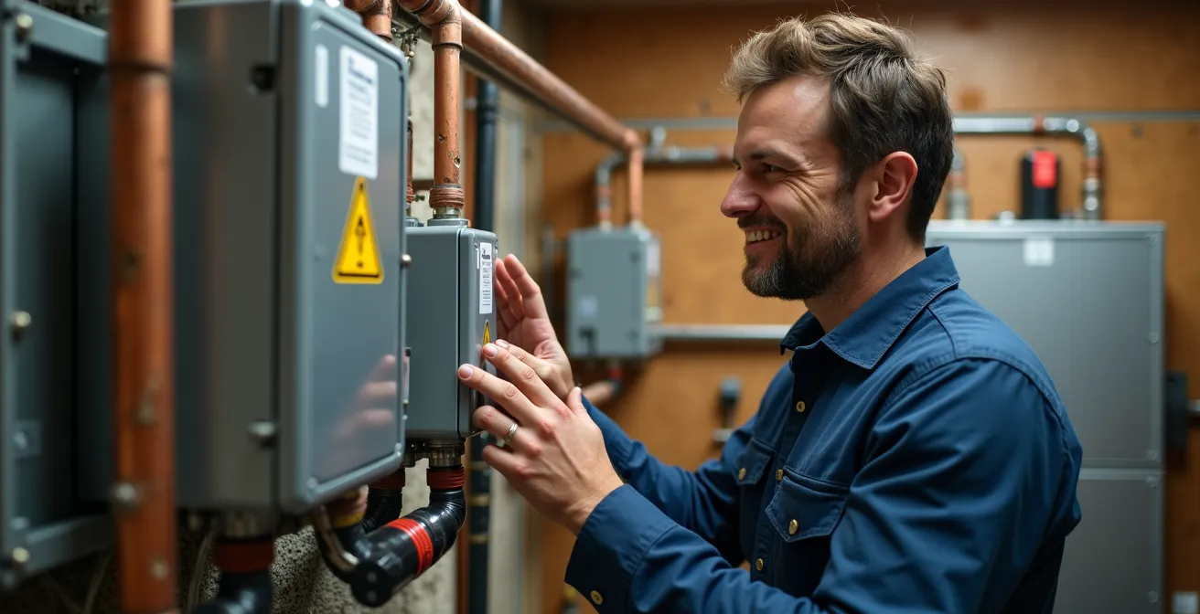 Mechanical room showing geothermal heat pump connected to manifold system distributing to radiant floor zones