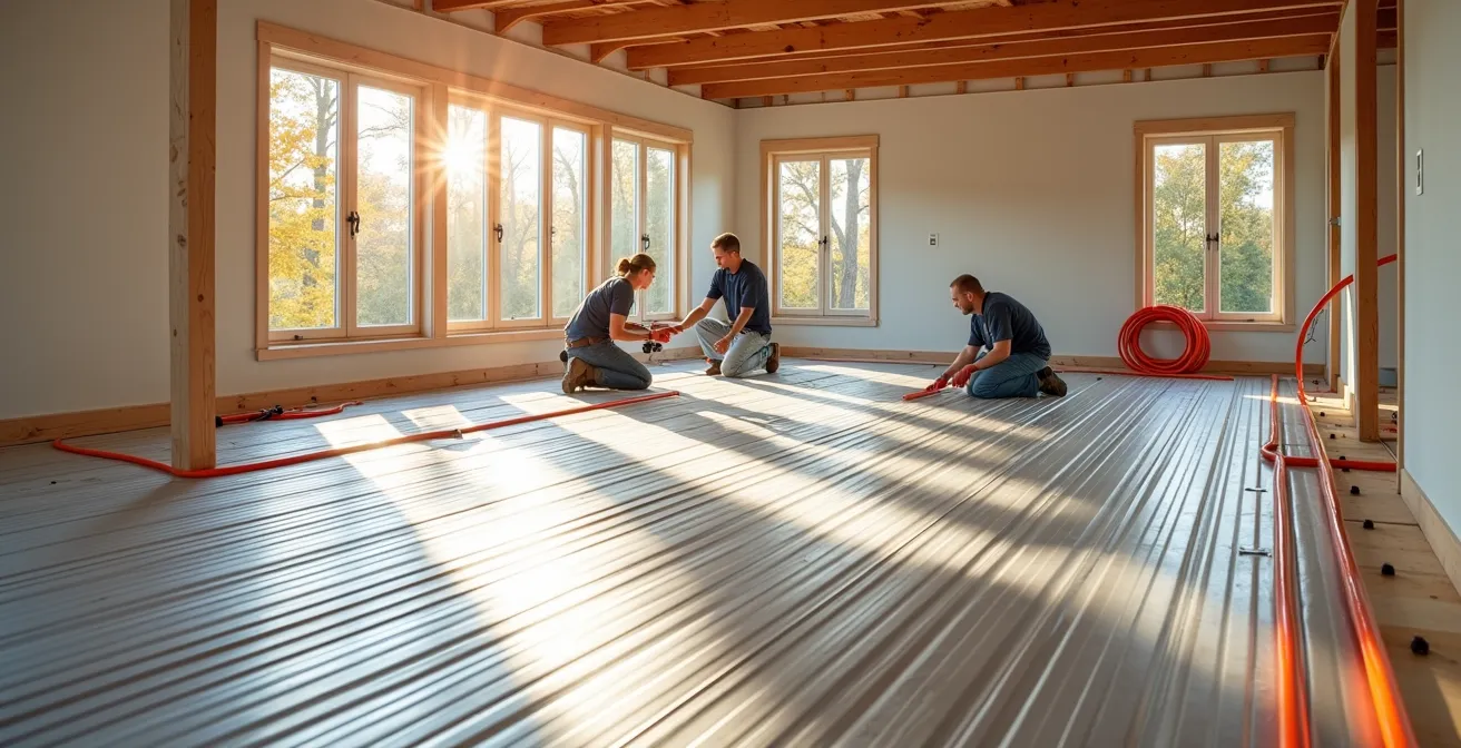 Wide angle view of a Canadian home renovation showing grooved aluminum panels being installed with PEX tubing being pressed into channels