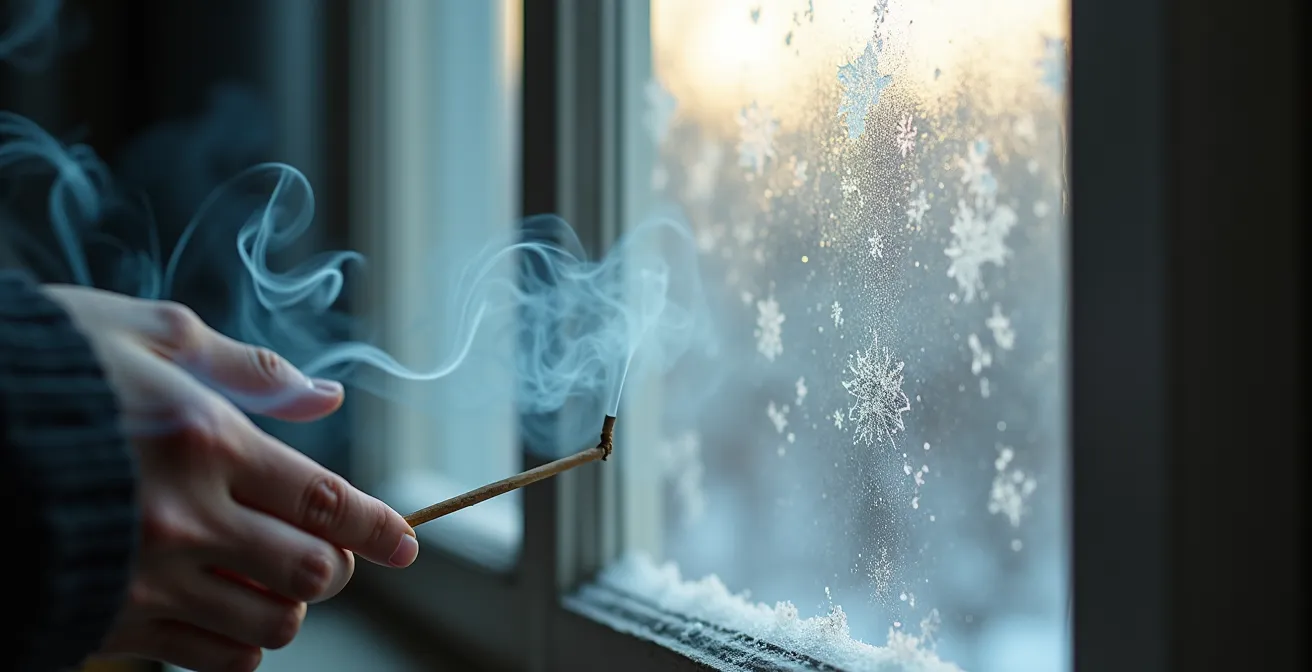 Person using incense stick to detect air drafts near window during Canadian winter with visible smoke patterns