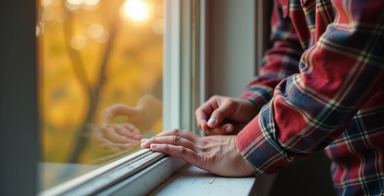 Close-up of hands performing credit card test on window caulking to check for adhesion failure