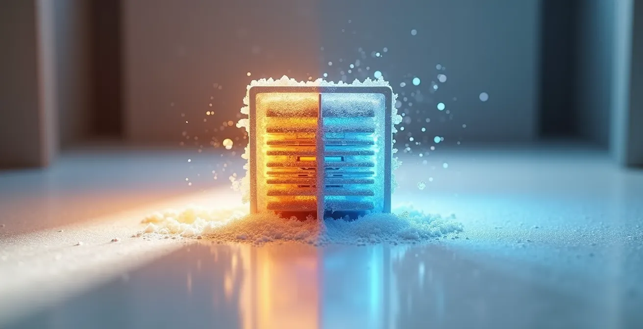 Cross-section view of HRV heat exchange core showing warm humid air meeting cold air creating ice formation