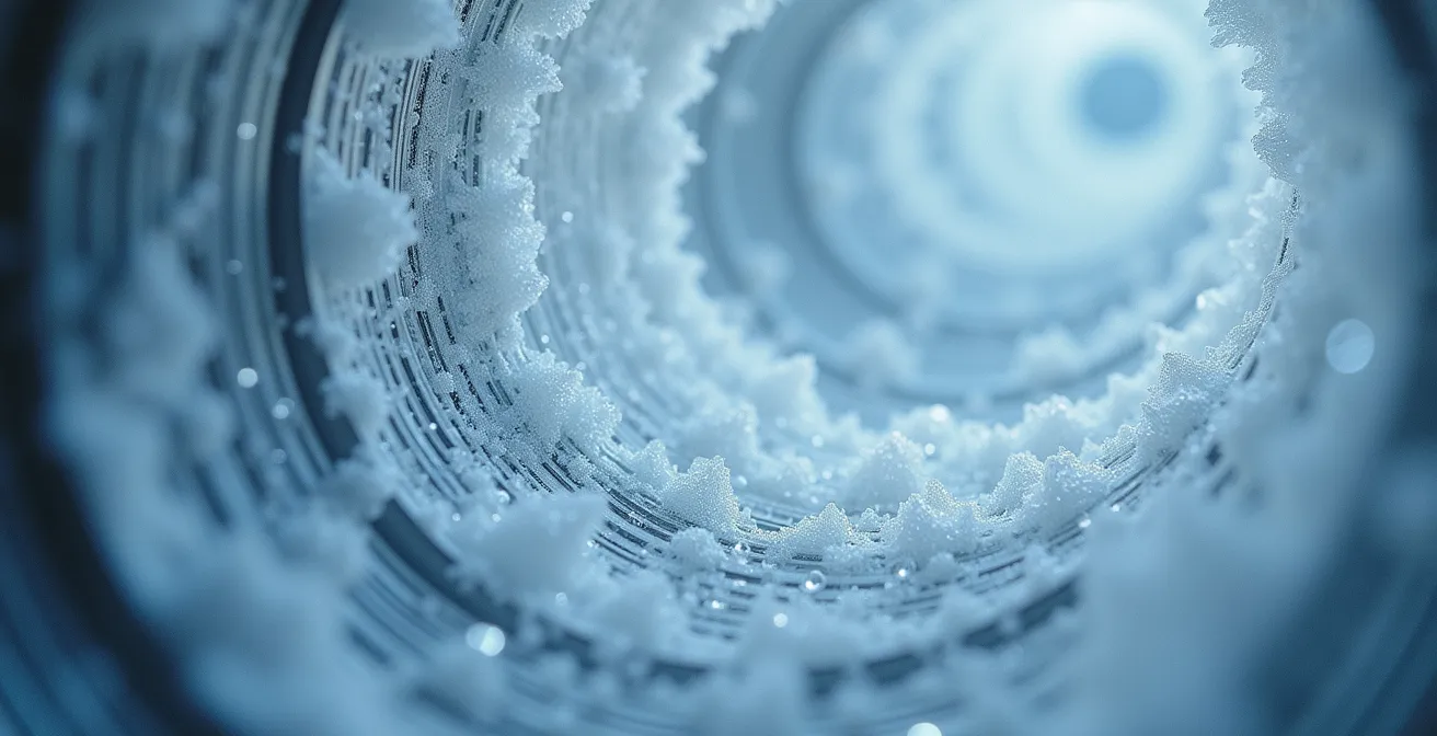 Macro view of ice crystals forming inside heat recovery ventilator core during extreme cold