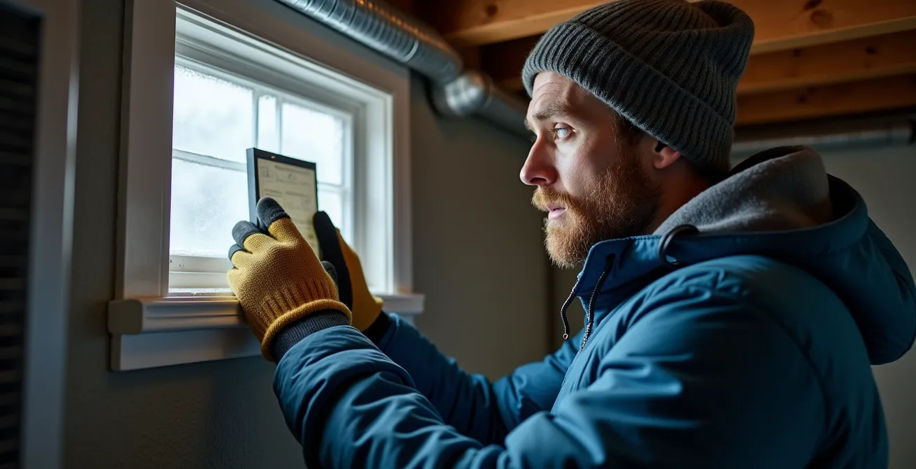 Homeowner performing maintenance on HRV system in basement during winter