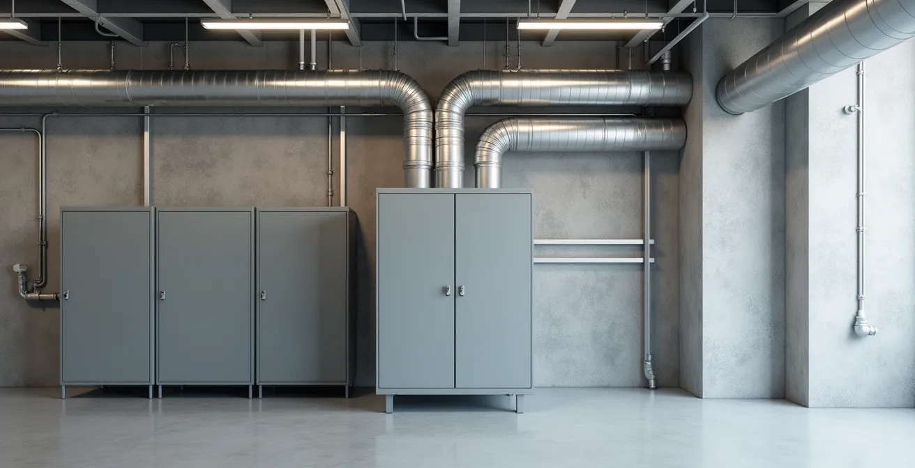 Wide interior view of modern HRV unit installation in a Canadian basement mechanical room