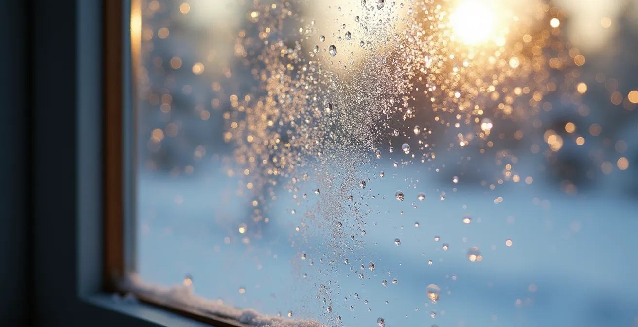 A close-up of a window with condensation, showing the effects of improper humidity control in a Canadian home during winter