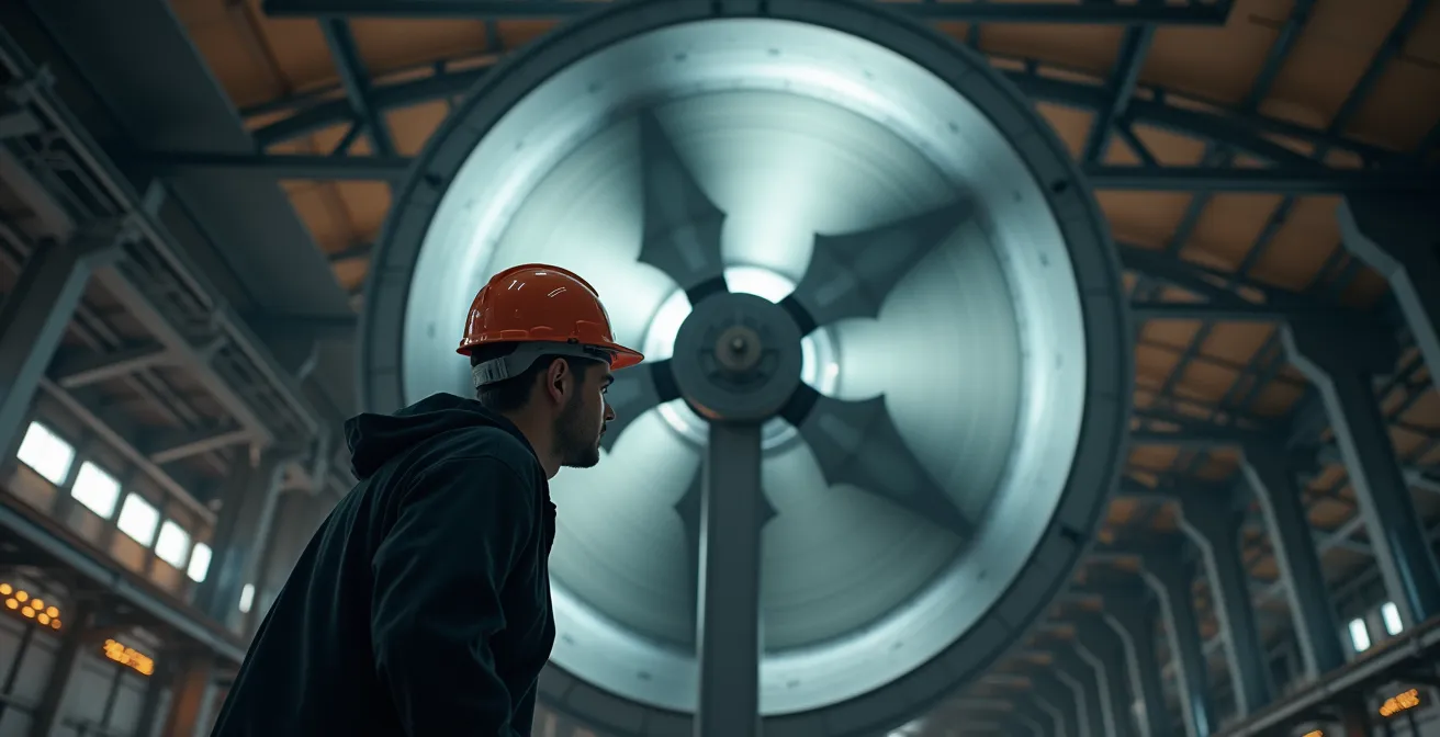 Wide angle view of HVLS fans circulating air in high-ceiling warehouse