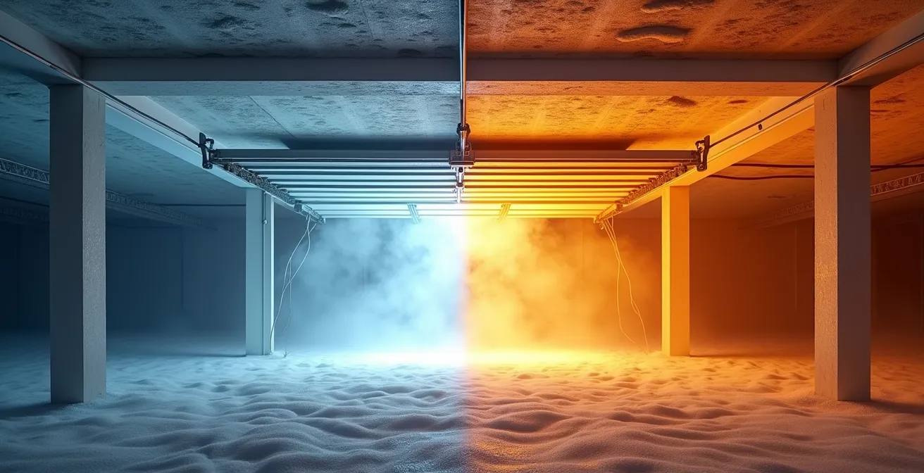 Cross-section view of a bedroom above garage showing proper insulation installation