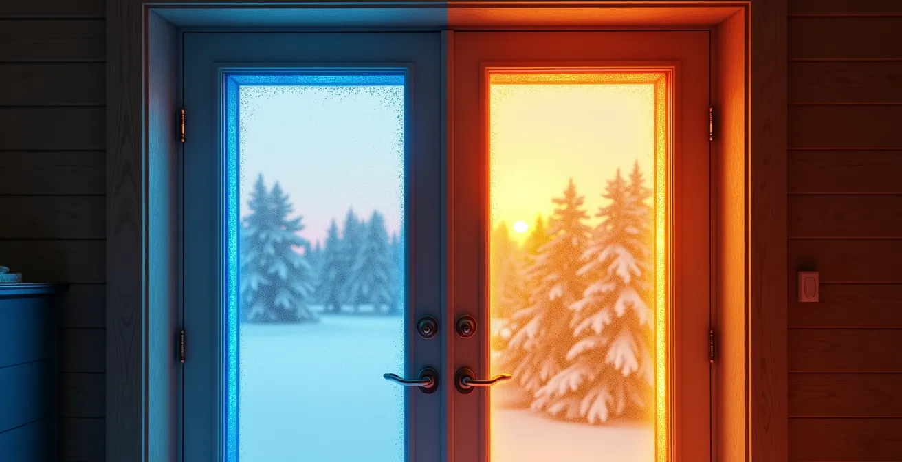 Technical cross-section showing insulated header above patio door preventing condensation