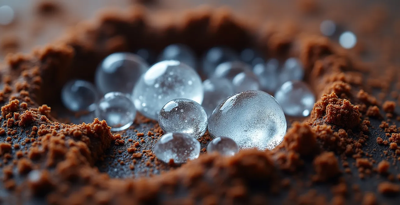Extreme close-up of ice crystals forming in clay soil showing frost heave mechanism