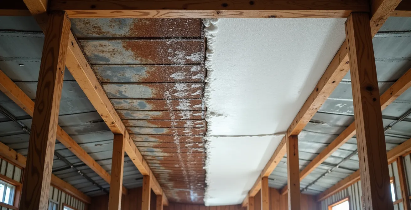 Interior view of metal barn ceiling showing insulation preventing condensation