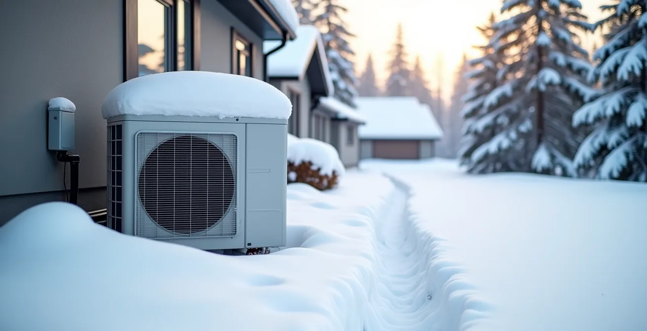A modern, quiet cold-climate heat pump unit installed on the side of a Canadian house in a snowy winter setting.