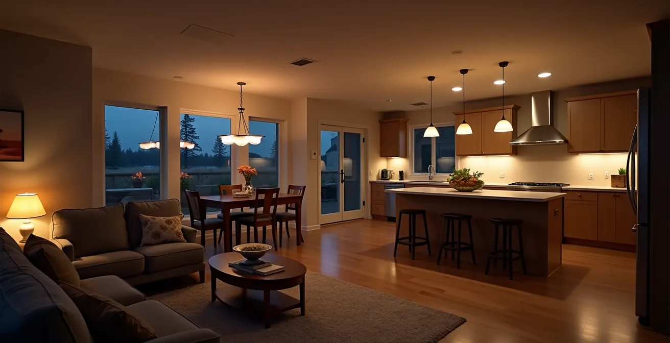 Wide shot of open concept home interior showing different activity zones in evening light