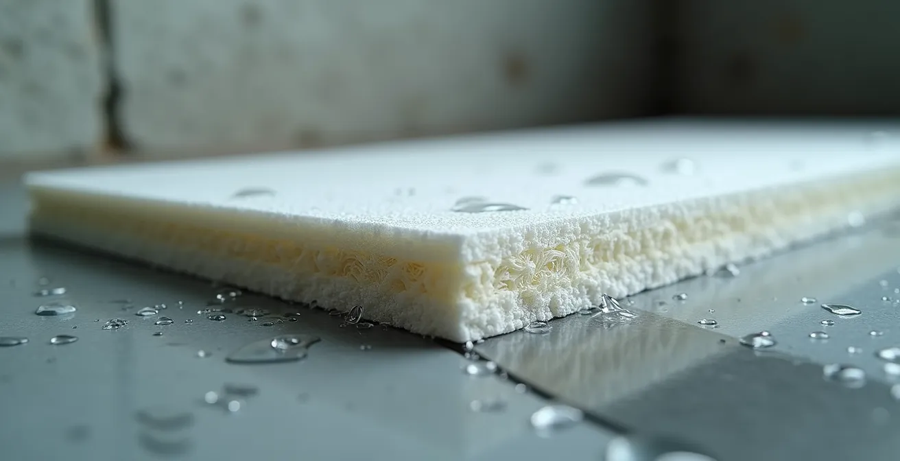 Close-up of moisture-resistant fiberglass ceiling tiles in basement installation