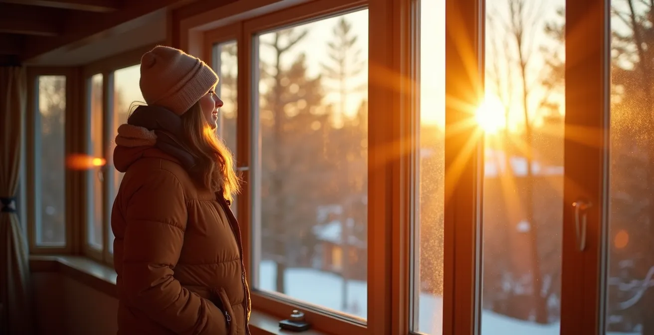 Interior view of south-facing triple-pane windows with warm winter sun streaming into a comfortable Canadian living room.