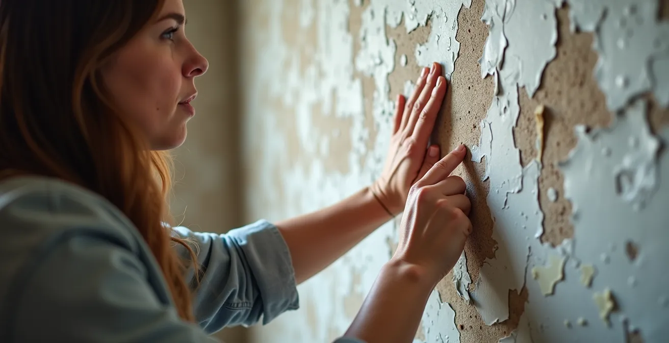 Basement wall showing paint peeling and bubbling from moisture damage